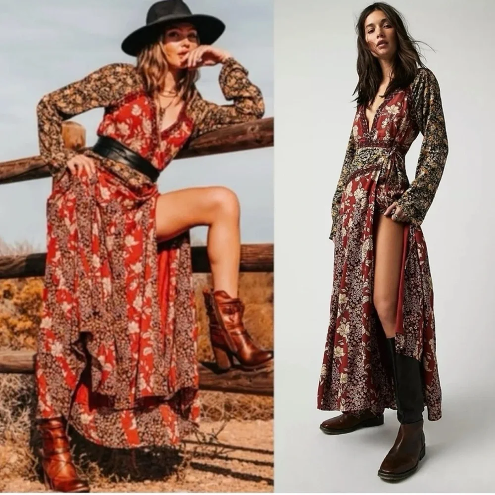 NWT FREE PEOPLE TILDA FLORAL PATCHWORK MAXI DRESS BOHO WRAP BELL SLEEVES SIZE L
